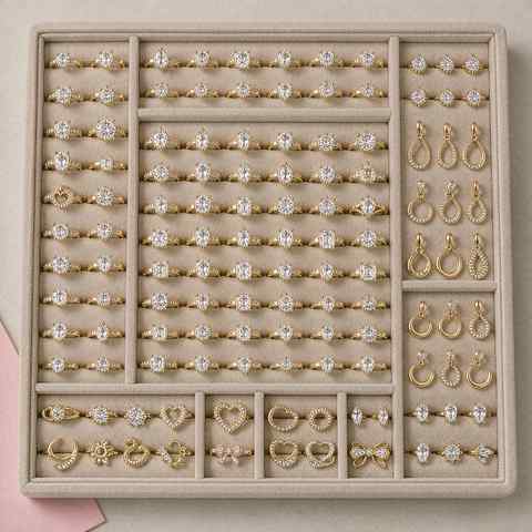 Wholesale display tray filled with gold plated cubic zirconia rings and earrings