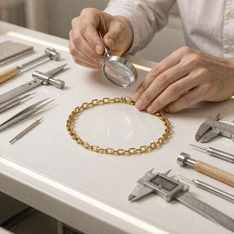 Inspector examining a gold plated chain with a loupe