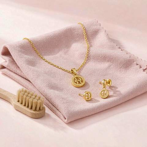 18K gold plated necklace and earrings on a soft polishing cloth with a cleaning brush