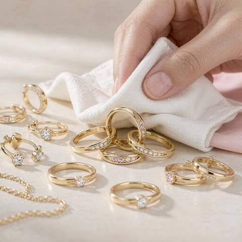 Gently wiping gold plated jewelry with a soft microfiber cloth