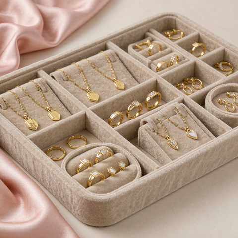 18K gold plated necklaces, rings and earrings organized in separate compartments of a jewelry tray