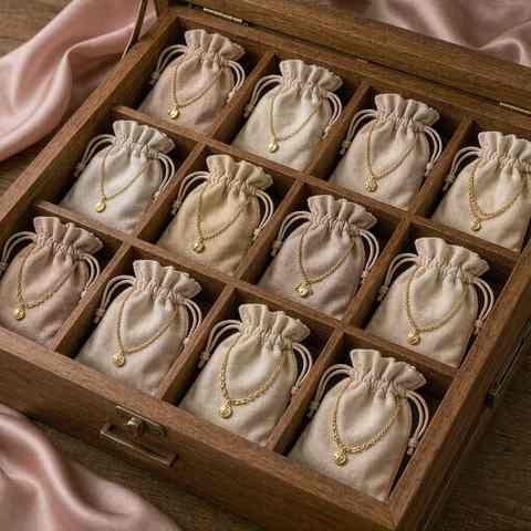 Gold plated necklaces stored in individual anti-tarnish drawstring pouches inside a wooden box