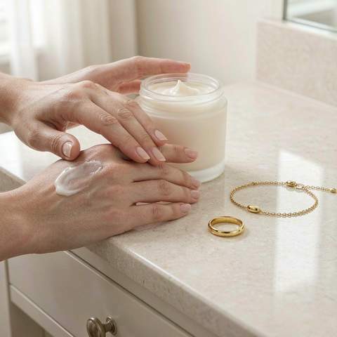 Applying hand cream before putting on gold plated jewelry