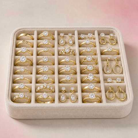 Jewelry tray with assorted gold plated CZ rings and earrings stored separately