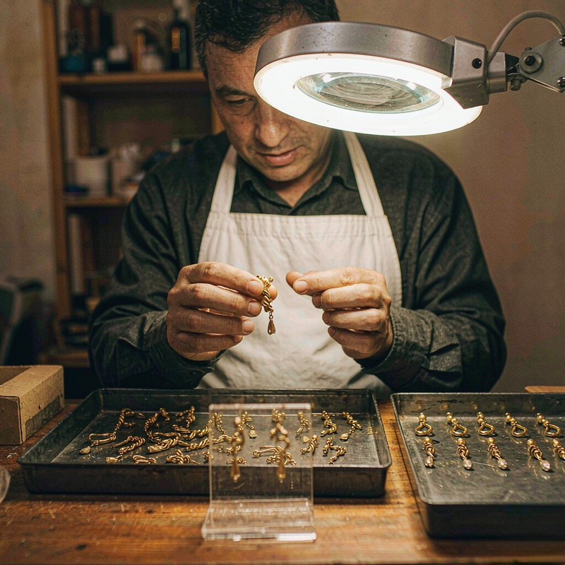 Jewelry workshop quality-inspection scene with a craftsman examining 18K gold plated brass earrings under a magnifier lamp