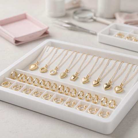 Gold plated jewelry arranged in trays for final quality inspection