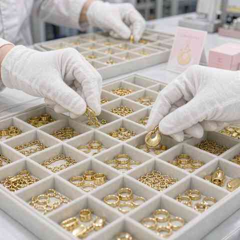 Gloved hands sorting gold plated jewelry into compartment trays