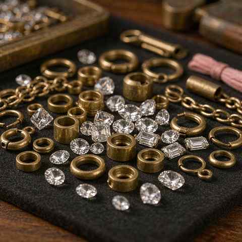 Brass jewelry components and loose cubic zirconia stones on a workbench