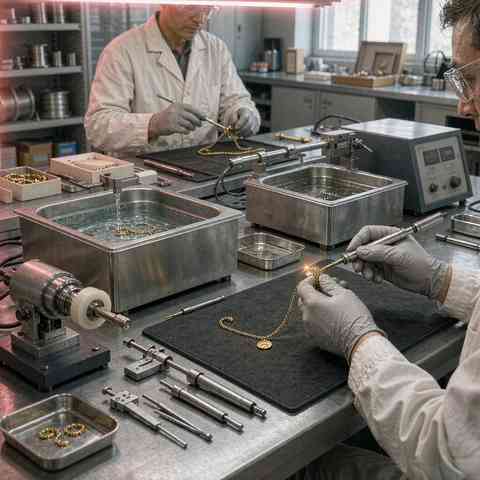 Craftsmen plating and finishing gold plated necklaces at the workbench