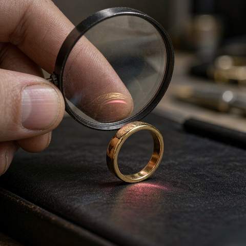 Jeweler inspecting a gold plated ring surface with a loupe