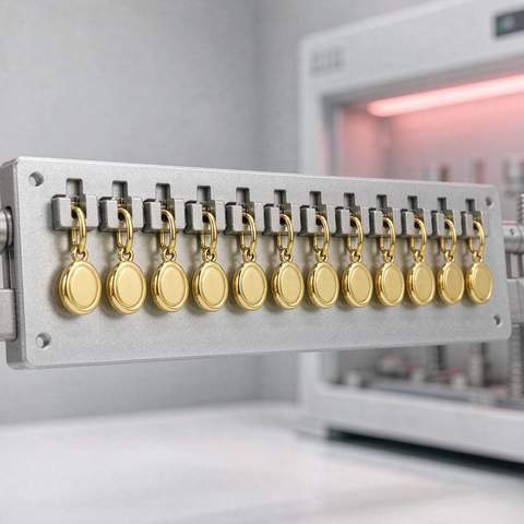 Gold plated jewelry samples mounted on a plating test rack