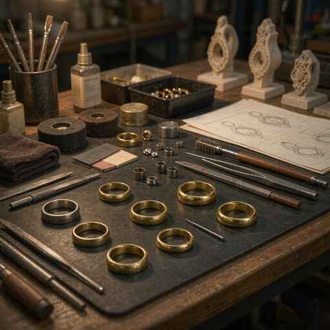 Jewelry workbench with 18K gold plated rings, setting tools and design sketches
