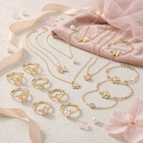 Coordinated 18K gold plated jewelry collection laid out as a brand line