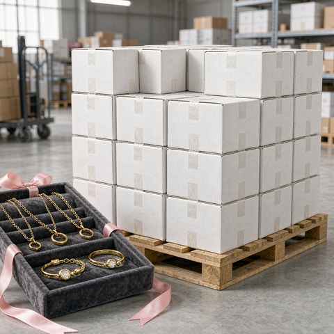 Sealed export cartons stacked on a pallet beside a display tray of gold jewelry