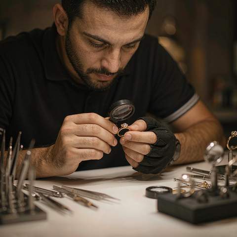 Craftsman inspecting a gold plated ring at the workbench