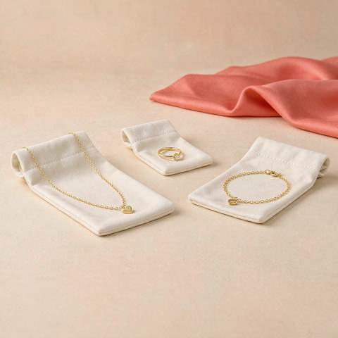 Gold plated necklace, ring and bracelet each stored in a separate soft pouch