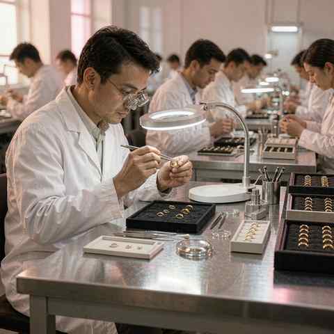 Craftsperson inspecting gold plated rings under a magnifier lamp on a jewelry factory production floor