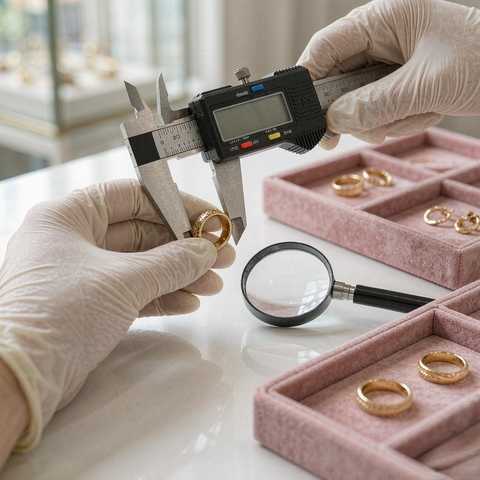 Gloved hands using calipers to measure a gold plated ring beside blush pink jewelry trays