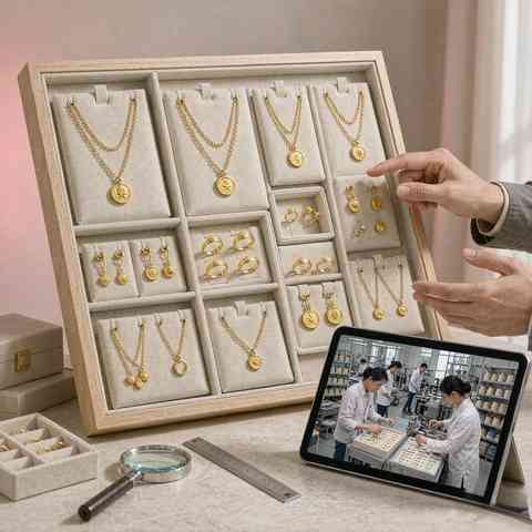 Sample board of gold plated necklaces and rings with a tablet showing a live factory tour
