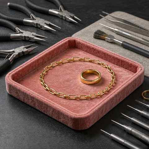 Gold plated chain and ring placed in a tray for re-work checks