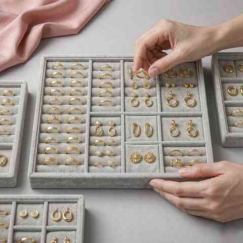 Buyer reviewing 18K gold plated jewelry samples arranged in supplier trays