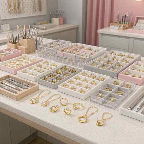 Organized jewelry production workbench with trays of 18K gold plated components