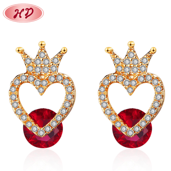 Jewelry Factory Distributor |Evil Red Queen Crown Heart Shape Ear Studs Women Earrings| 18 Karat Gold Plated Cubic Zirconia Jewelry