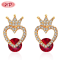 Jewelry Factory Distributor |Evil Red Queen Crown Heart Shape Ear Studs Women Earrings| 18 Karat Gold Plated Cubic Zirconia Jewelry