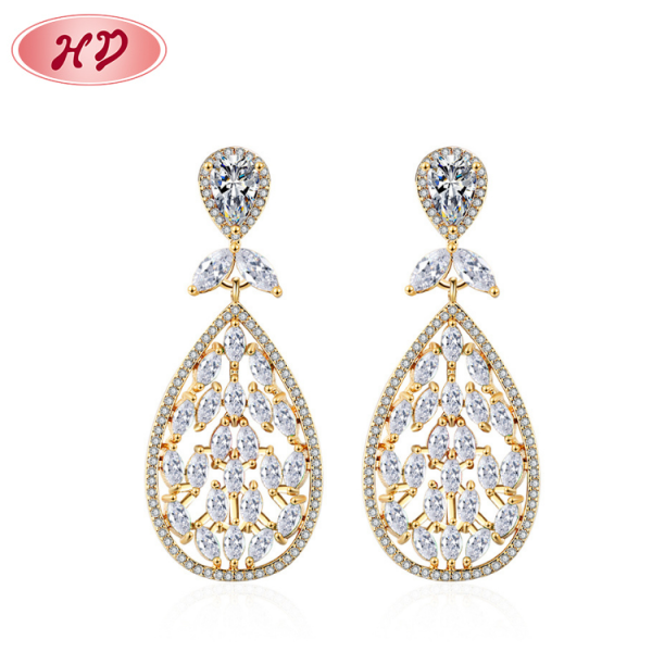 China Jewelry Manufacturing Wholesale| Large Waterdrop Fancy India Dangling Stud Earring Fashion Wedding Bridal Costume Jewelry| 18k Gold Plated AAA Cubic Zirconia