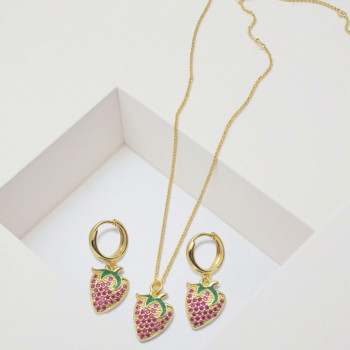 Fashion Jewelry Set Wholesale Hot Selling Strawberry Women's Jewelry Earrings&Necklaces With Zircon