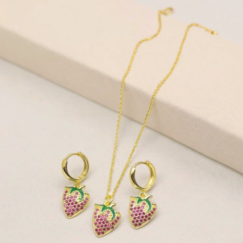 Conjunto de joyería de moda al por mayor, venta caliente, pendientes y collares de fresa para mujer con circonitas