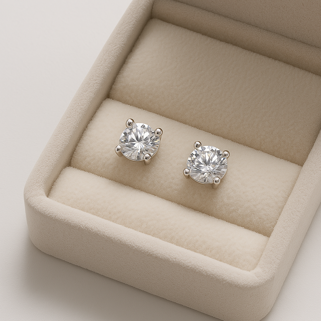 Hengdian Jewelry’s monozircon studs in a soft-lined jewelry box