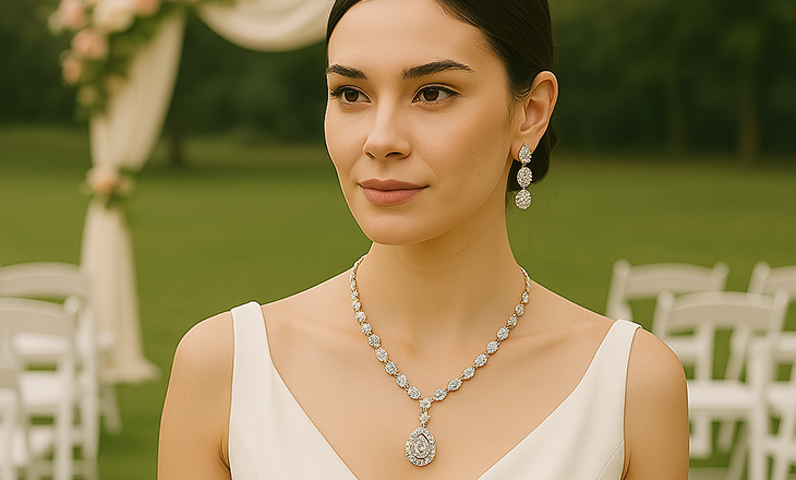 Pendientes y collar de joyería HD para estilismo de bodas.