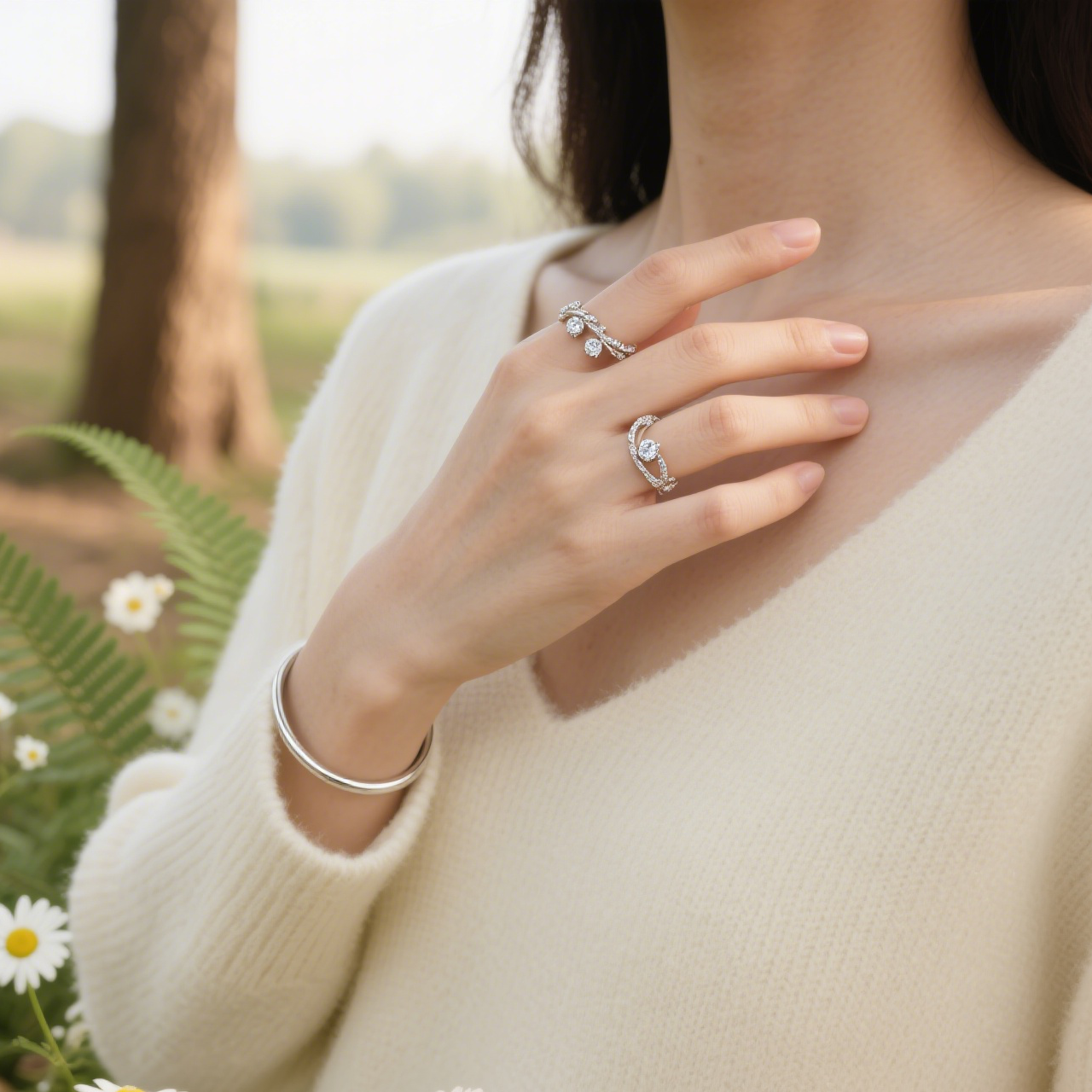 Hand wearing S925 silver ring wholesale in outdoor setting