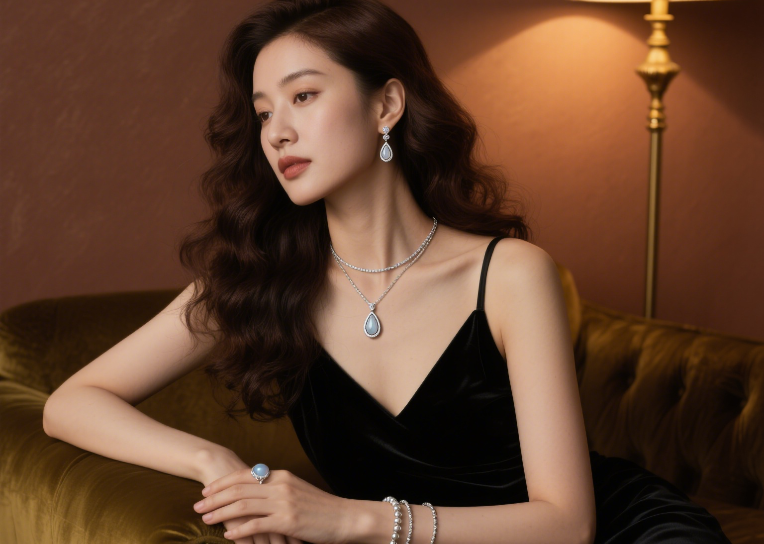 Woman wearing S925 silver jewelry set wholesale in evening setting