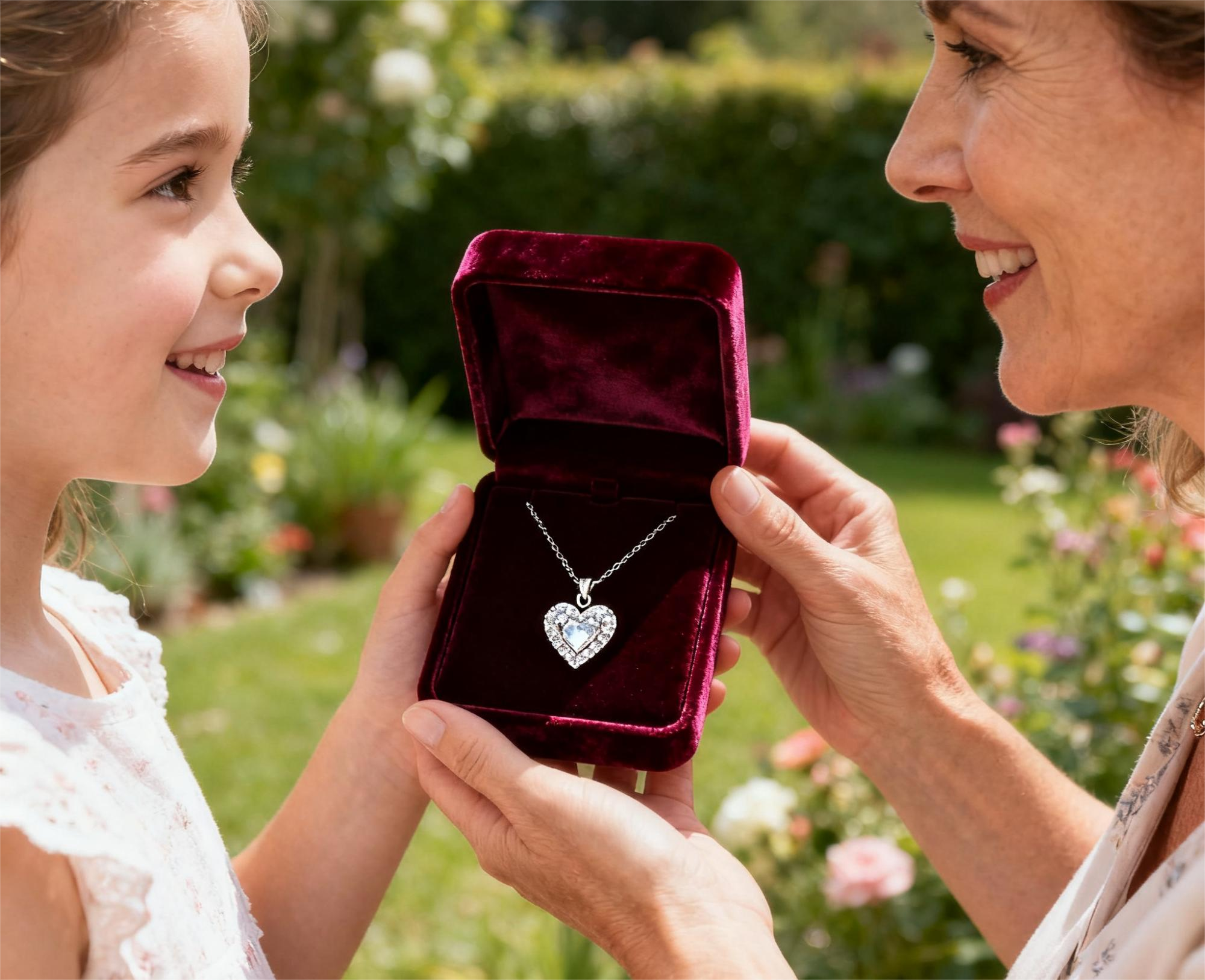 Mother and daughter with mother's day jewelry wholesale in garden setting