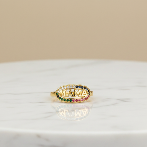 18K Gold Plated MOM Letter Ring with Multi-color Cubic Zirconia | Copper Jewelry Wholesale for Women Mother's Day Gift