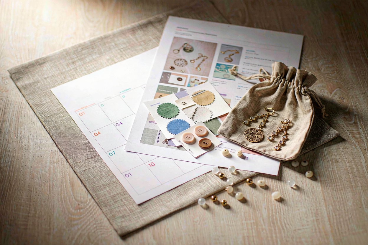 B2B buying desk with desk calendar, wholesale order sheet and jewelry samples