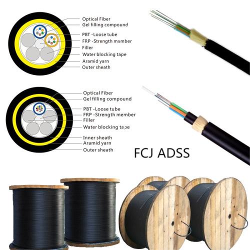 FCJ outdoor 4000m 652d span 100 4core 2/8/12/24/48 core fiber optical cable adss 12 cores manufacturer