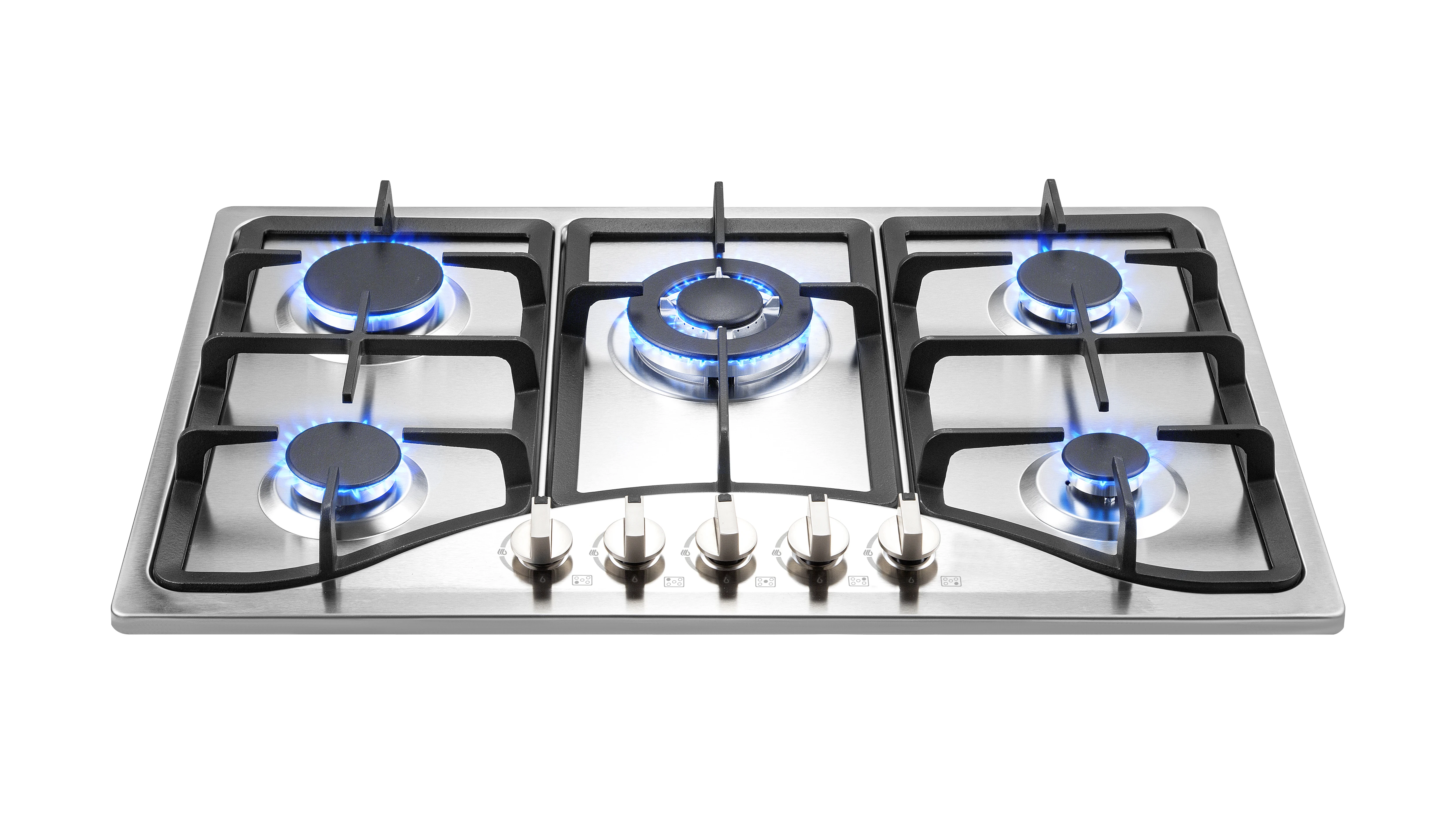 Greaidea's five-burner stainless steel gas hob features big cast iron pan support