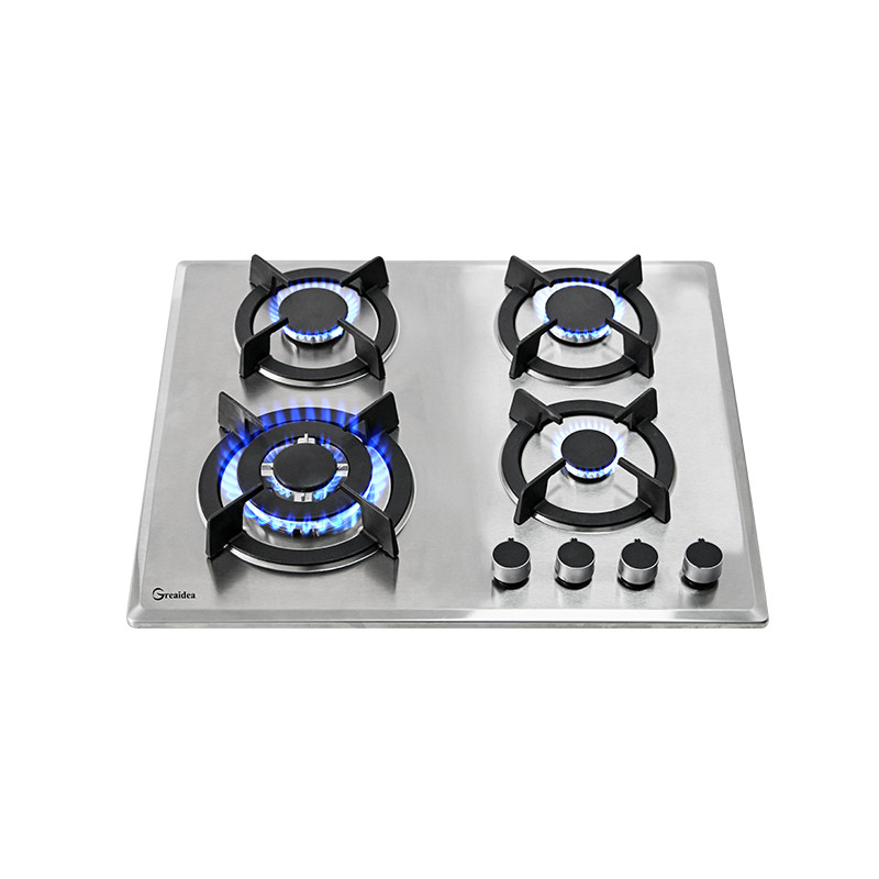 Greaidea's 4 burner glass gas hob with cast iron pan support.