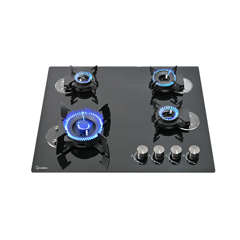 Greaidea's 4 burner glass gas hob with cast iron pan support.