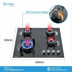 Placa de gas de cuatro quemadores con vidrio abatible empotrada MGBG-404