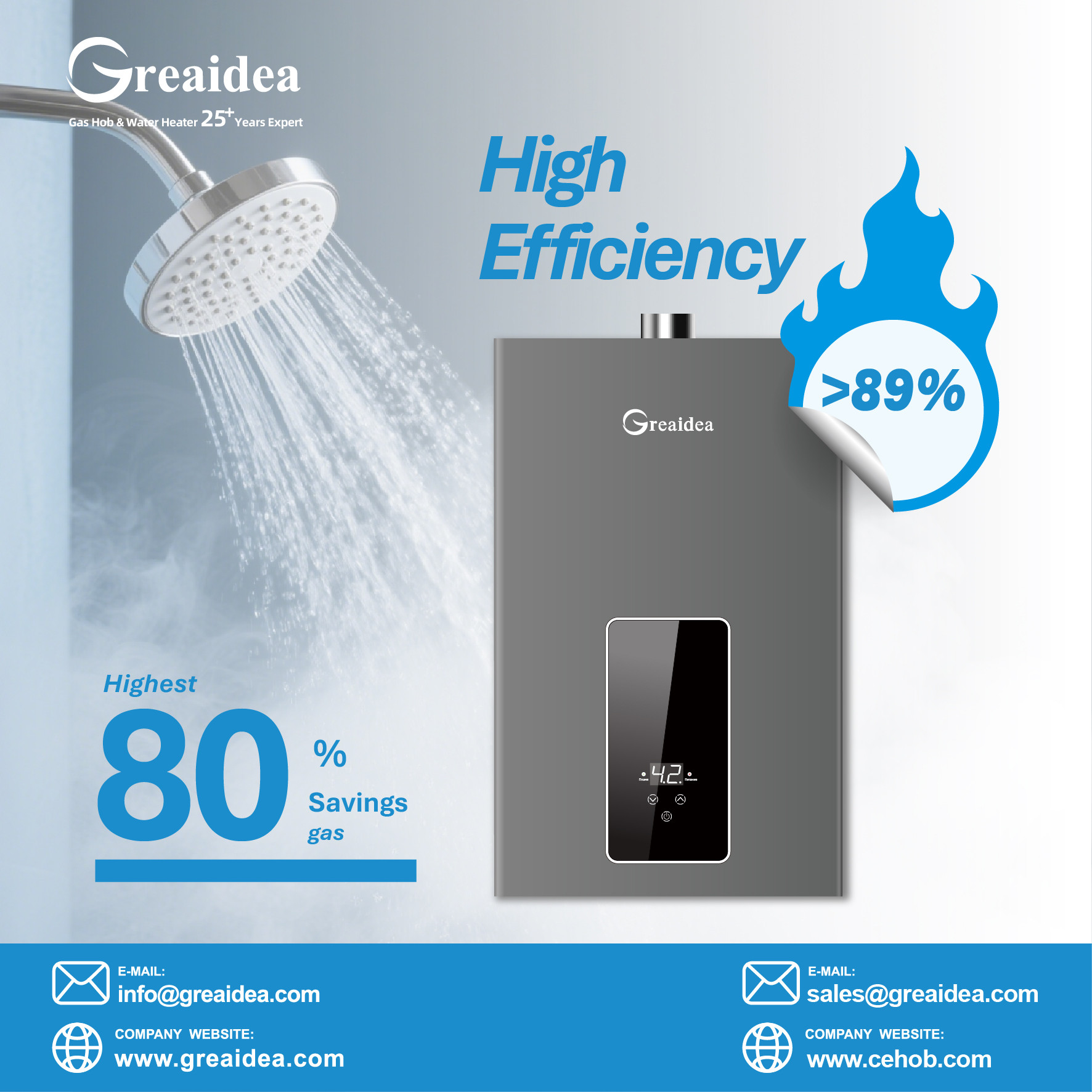 Greaidea's Air-Cooled Constant Temperature Gas Water Heater highest saving 80% gas