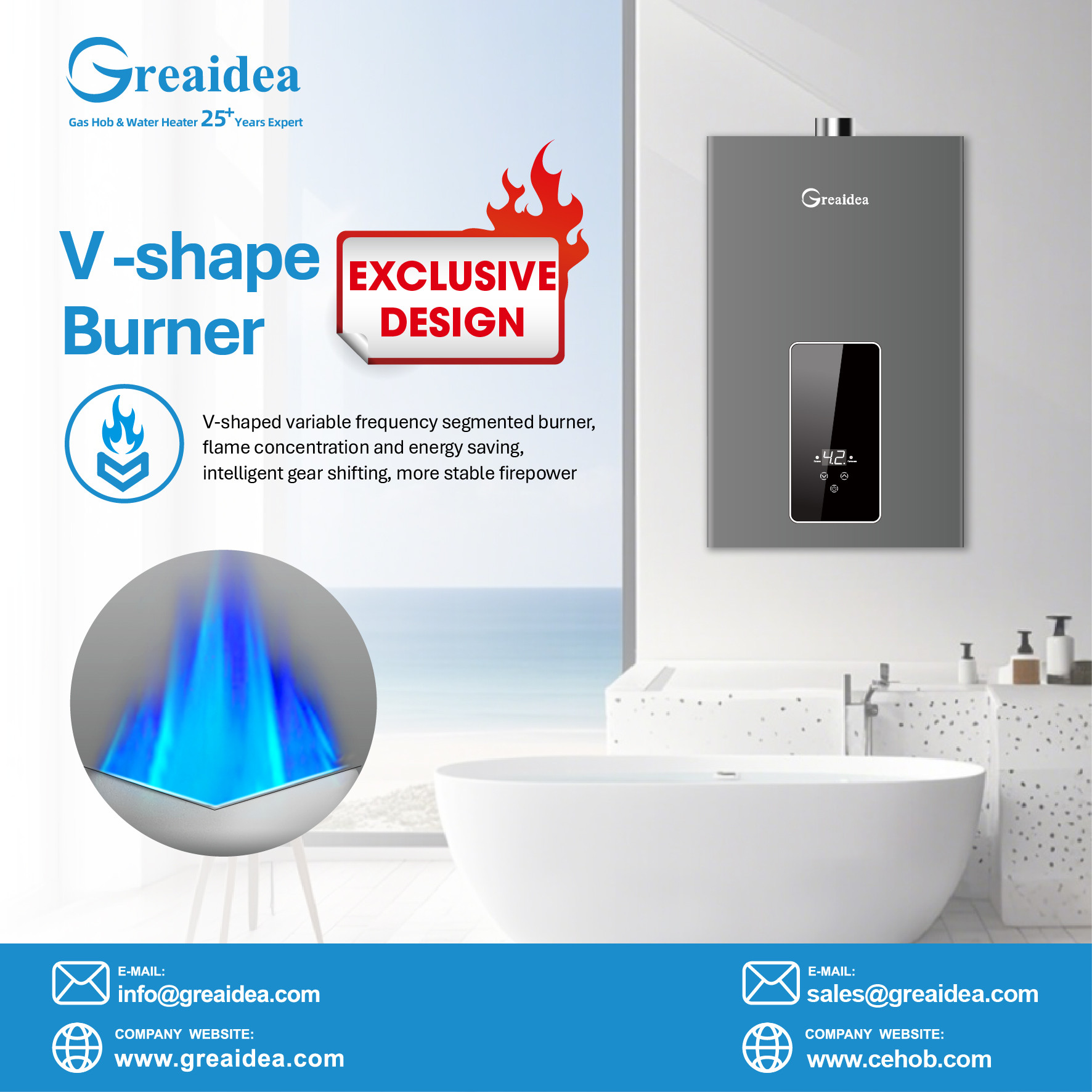 air-cooled constant temperature gas water heaters with V-shape burner