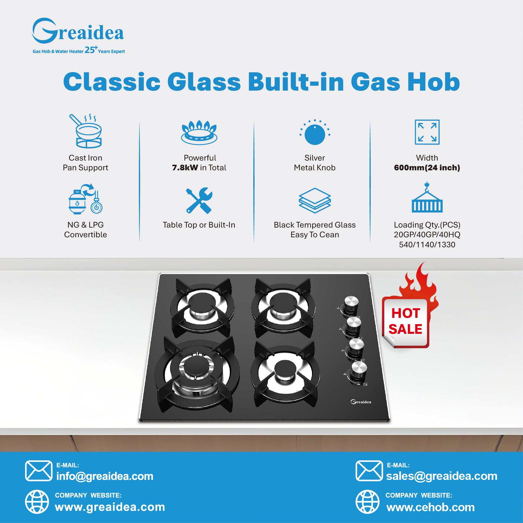 Greaidea four-burner glass gas hob