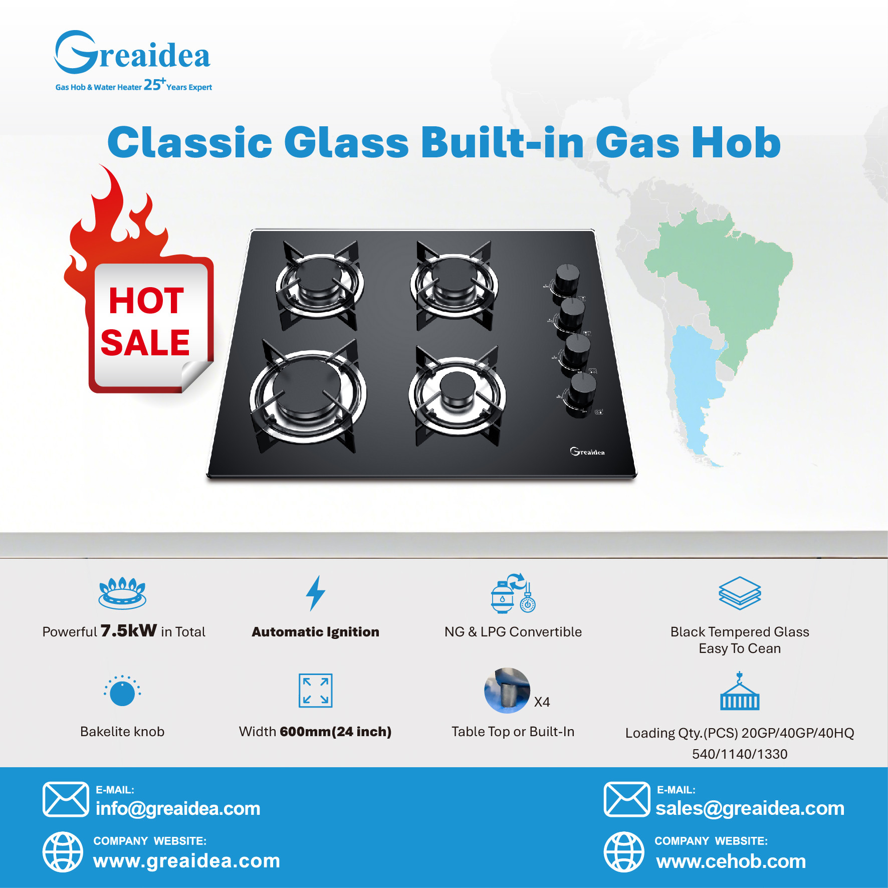 Greaidea glass four-burner gas hob for the South American market