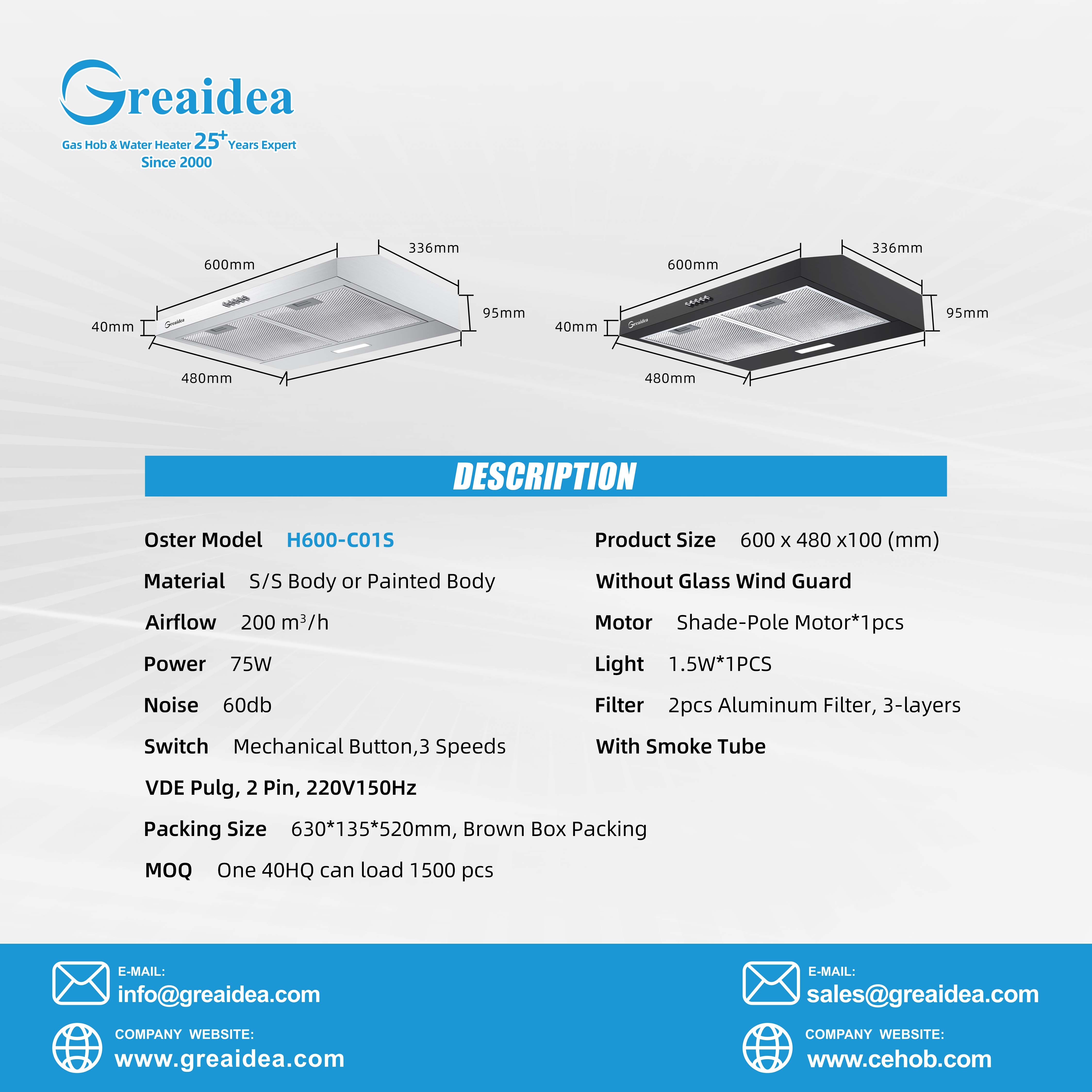 Greaidea slim range hood Technical Specifications