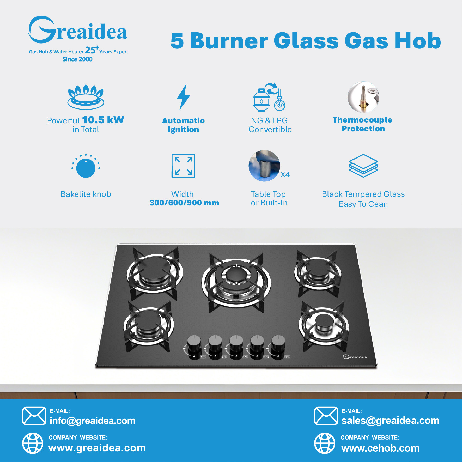 Greaidea's 5 burner glass gas hob