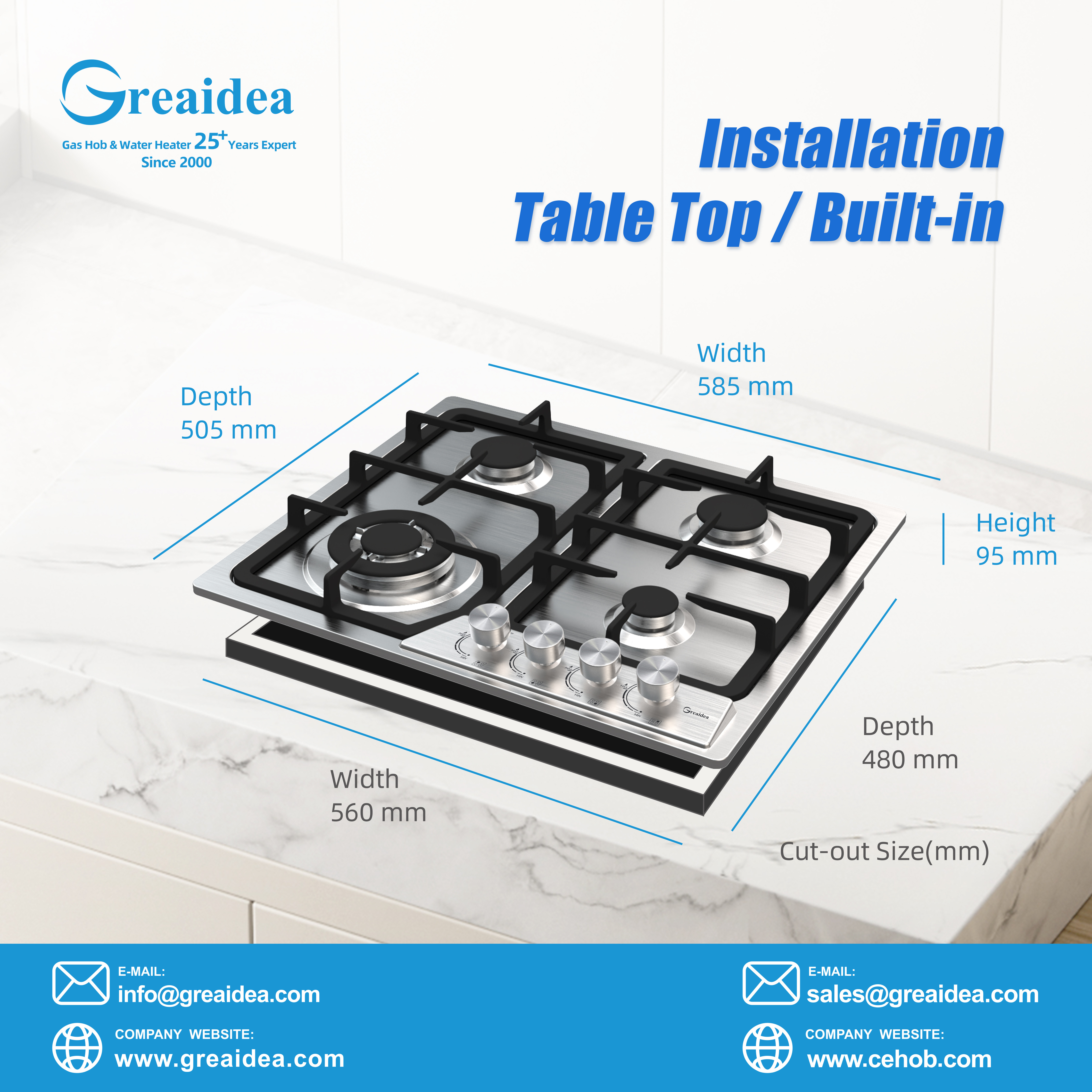 Greaidea's stainless steel 4-burner gas hob installation method